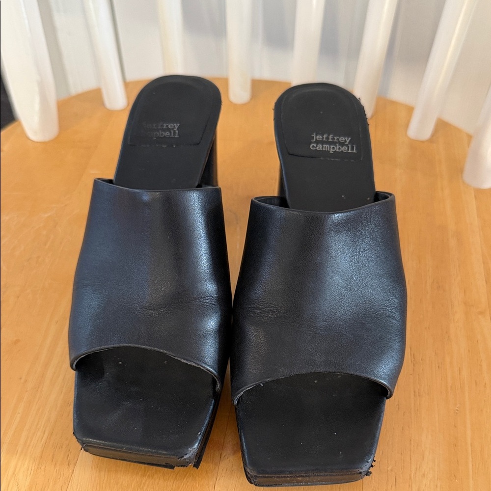 Jeffrey Campbell Black Leather Open-Toe Slip-On Mules